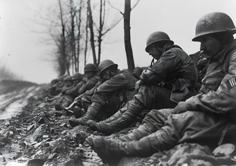 Wall Mural - A group of soldiers rest in a muddy trench during World War I.