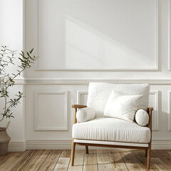 Wall Mural - Modern wooden living , Living room interior has an white armchair on empty dark white wall background, room, Light room with sofa and armchair on empty dark White wall background,