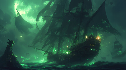 Wall Mural - A ghost ship and a ghost captain waiting for the ship, illustration