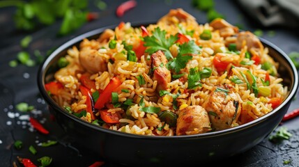 Canvas Print - Chicken and bell pepper rice served on a black dish