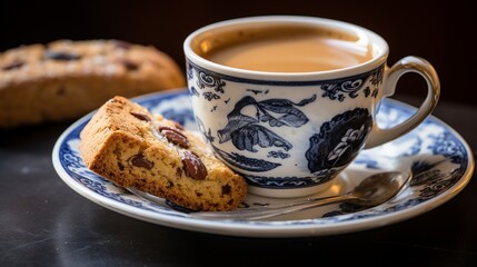 Wall Mural - An aromatic cup of espresso served with a side of biscotti on a saucer 