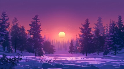 Wall Mural - Beautiful winter sunrise in a snowy forest with frost-covered trees and a stunning purple sky