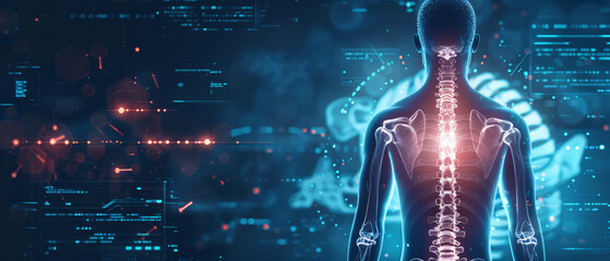 Glowing blue spine and nervous system on a dark blue background