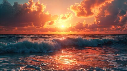 Wall Mural - A dramatic sunset with a golden sky and clouds, casting a warm glow on the wavy sea