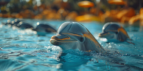 Sticker - a family in summer, happy, smiling, sitting in the stands of the dolphinarium watching a dolphin jump happy,generative ai