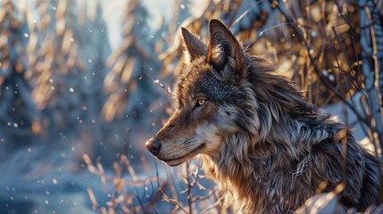 Wall Mural - A lone wolf is standing in a snowy field with tall grass