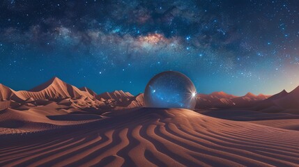 Wall Mural - starry desert night: majestic landscape with glowing sphere under a blanket of stars