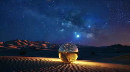 Wall Mural - starry desert night: majestic landscape with glowing sphere under a blanket of stars