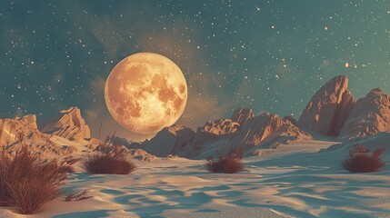 Wall Mural - starry desert night: majestic landscape with glowing sphere under a blanket of stars