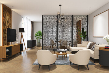 3d render of interior scandinavian living and dining room mock up with cnc  screen and hanging lamp. Light gray wall, wood parquet and white ceiling. Set 2