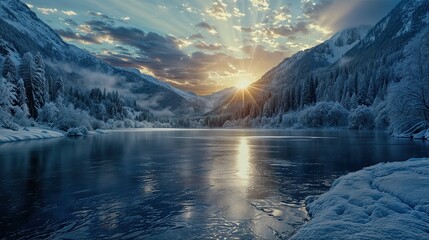 Wall Mural - A serene lake surrounded by snow-covered mountains and trees The sky is a mix of blue