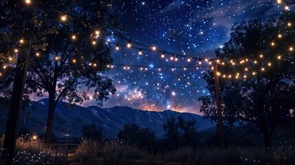 Wall Mural - A starry night sky with string lights illuminating the scene