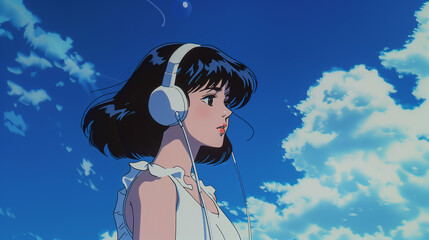 Anime Girl wearing headphone Sky in background