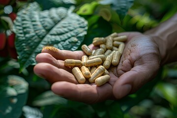 A person holding a handful of pills in their hand