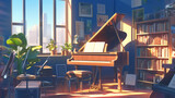 A room with a piano. Anime style illustration