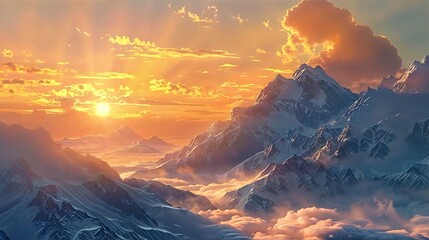 Sticker - snow-covered mountain range with a bright yellow and orange sunset in the background