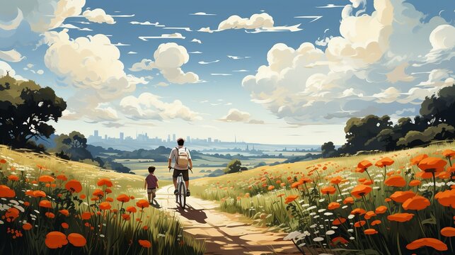 Parents teaching their children to ride bicycles in a park, with a sense of accomplishment and bonding as the children master new skills. Painting Illustration style, Minimal and Simple,