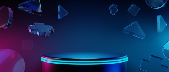 Wall Mural - 3d illustration rendering of gamer technology futuristic cyberpunk sci-fi display podium, gaming sci