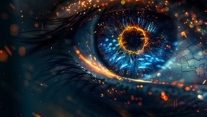 Poster - Abstract digital eye with vibrant color and bokeh effect, closeup view of an iris, creating visual depth in the dark background
