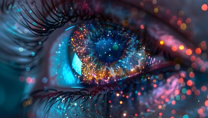 Poster - Abstract digital eye with vibrant color and bokeh effect, closeup view of an iris, creating visual depth in the dark background
