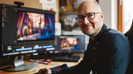 Wall Mural - A bald 30-year-old slightly smiling man in glasses, working in a modern creative workshop at a computer with a large monitor