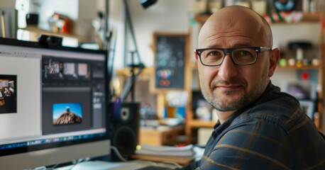 Wall Mural - A bald 30-year-old slightly smiling man in glasses, working in a modern creative workshop at a computer with a large monitor