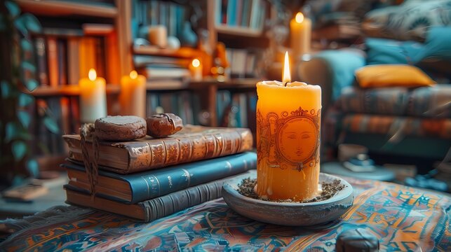 books and burning candle 