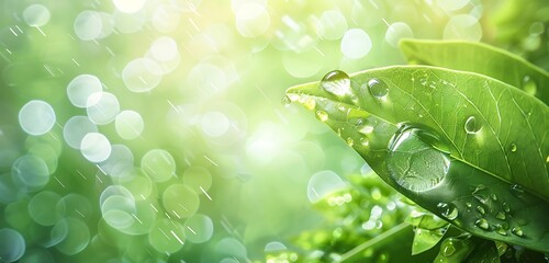 Wall Mural - big water drop, green leaf, rain, spacious banner text area.