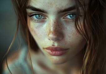 Wall Mural - Close Up Portrait of a Young Woman with Freckles and Blue Eyes