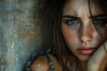 Wall Mural - Close-up portrait of a beautiful young woman with freckles on her face