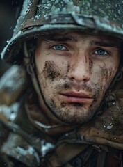 Canvas Print - Portrait of a soldier with blue eyes and a dirty face