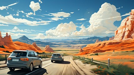Friends on a road trip through the desert, stopping to explore unique landscapes and capturing the essence of adventure and travel. Painting Illustration style, Minimal and Simple,