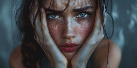 Wall Mural - A close-up portrait of a young woman with wet hair and freckles on her face