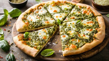 Poster - Pesto green cheese pizza sliced and plated