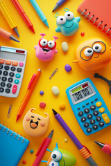 Wall Mural - 3D illustration of a back-to-school banner with colorful funny pen characters, calculators.