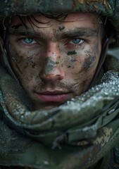 Poster - Portrait of a young soldier with blue eyes and a dirty face