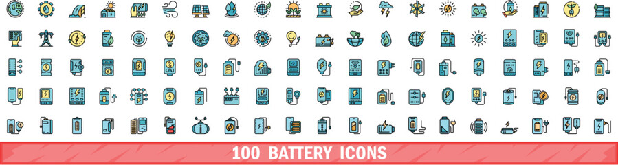 Poster - 100 battery icons set. Color line set of battery vector icons thin line color flat on white