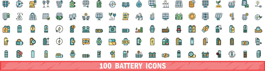 Poster - 100 battery icons set. Color line set of battery vector icons thin line color flat on white