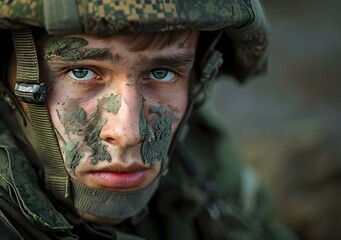 Closeup Portrait of a Young Soldier with Camouflage Makeup