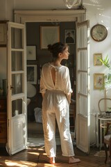 elegant woman standing in the doorway of her home