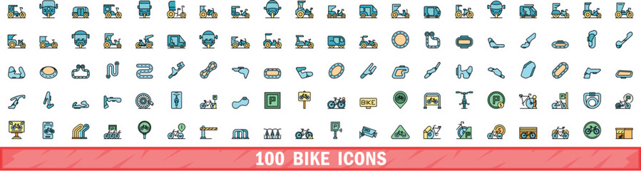 Poster - 100 bike icons set. color line set of bike vector icons thin line color flat on white