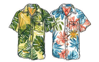 Men's short sleeve hawaiian resort shirt flat sketch illustration