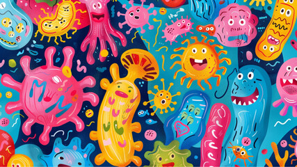 Wall Mural - 
A vibrant cartoon illustration of colorful, whimsical microchs and bacteria with happy faces, in an abstract patterned background