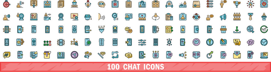 Poster - 100 chat icons set. Color line set of chat vector icons thin line color flat on white