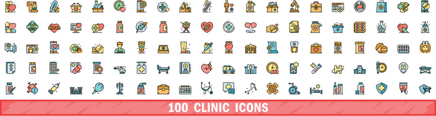 Poster - 100 clinic icons set. Color line set of clinic vector icons thin line color flat on white
