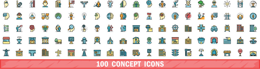 Poster - 100 concept icons set. Color line set of concept vector icons thin line color flat on white