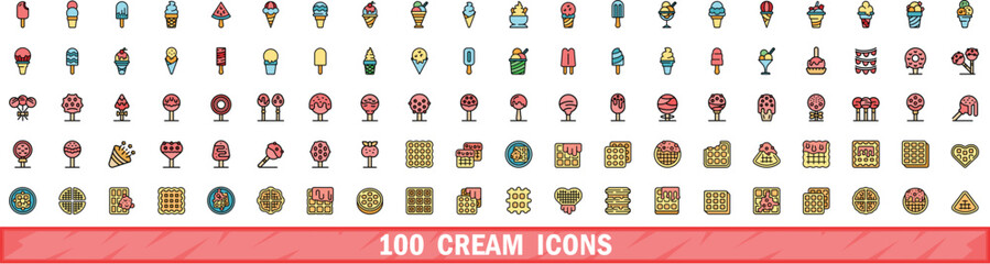 Poster - 100 cream icons set. Color line set of cream vector icons thin line color flat on white