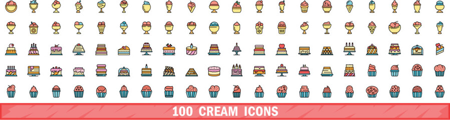 Poster - 100 cream icons set. Color line set of cream vector icons thin line color flat on white
