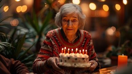 Wall Mural - The elderly woman with cake