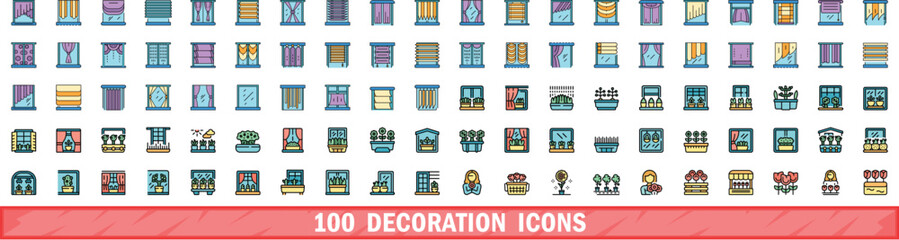 Poster - 100 decoration icons set. Color line set of decoration vector icons thin line color flat on white